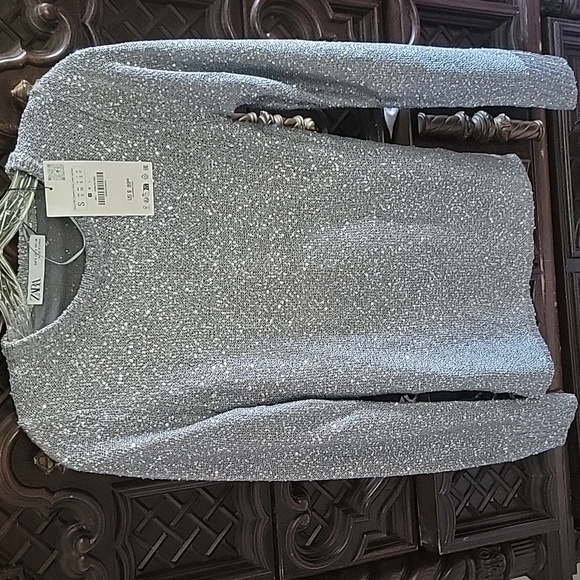 NWT ZARA LONG SLEEVE BLOUSE SILVER METALLIC - Picture 1 of 6